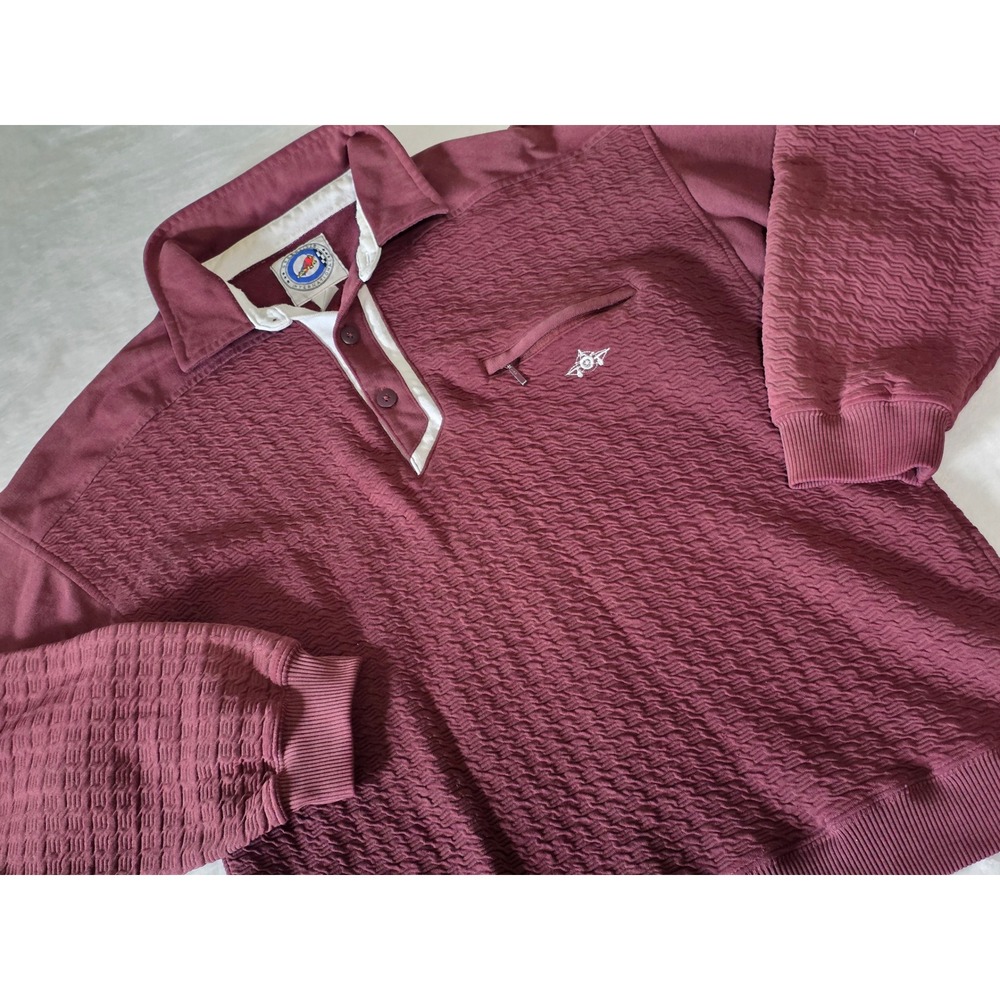 Vintage Greenline International Burgundy Textured Polo Sweatshirt Mens Small